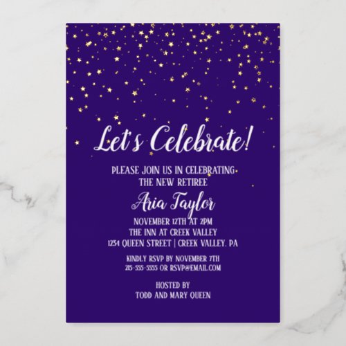 Lets Celebrate Gold Confetti on Purple Party Gold Foil Invitation