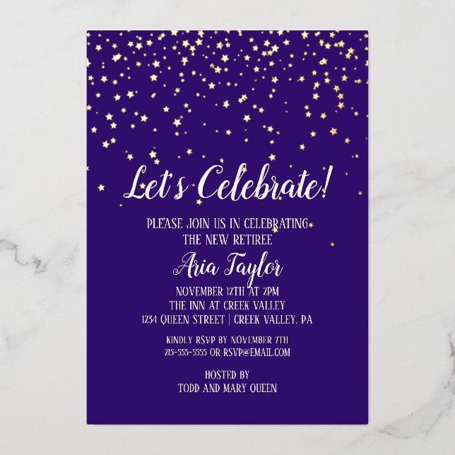 Let's Celebrate Gold Confetti on Purple Party Gold Foil Invitation (Front)