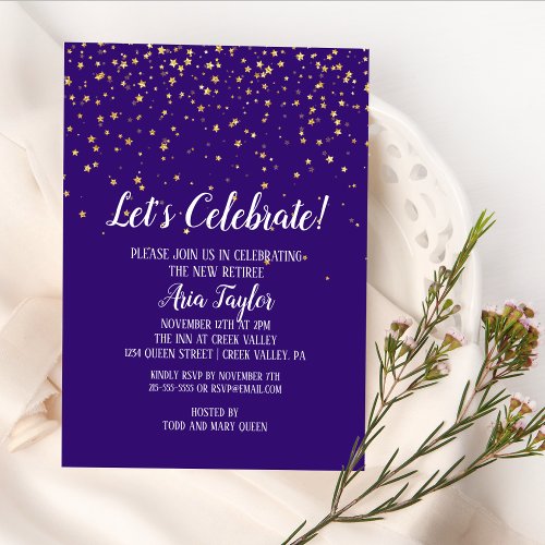 Lets Celebrate Gold Confetti on Purple Party Invitation