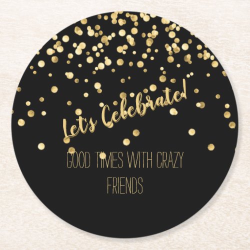 Lets Celebrate Gold Confetti Party Round Paper Coaster