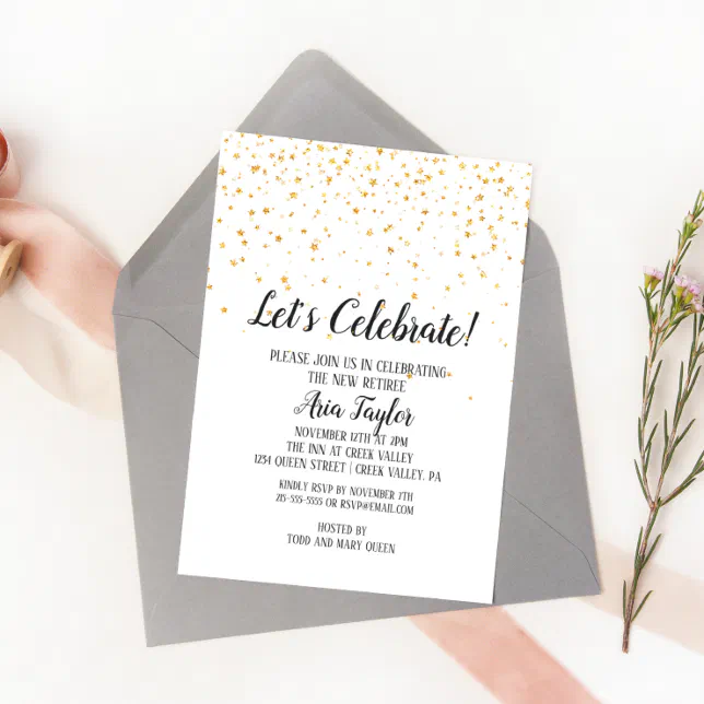 Let's Celebrate Gold Confetti Retirement Party Invitation | Zazzle