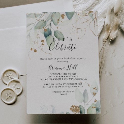 Lets Celebrate Gold Eucalyptus Calligraphy Party  Invitation