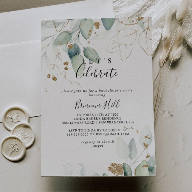 Let's Celebrate Gold Eucalyptus Calligraphy Party  Invitation (Creator Uploaded)