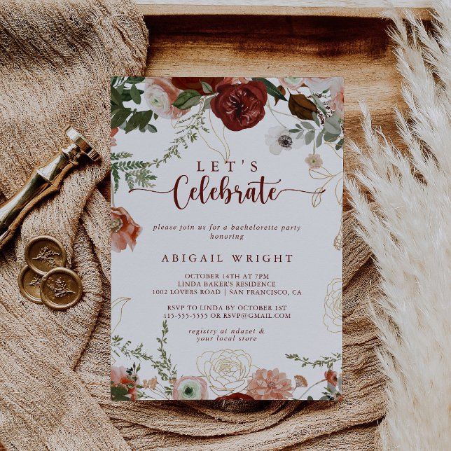 Let's Celebrate Gold Rustic Colorful Floral Party  Invitation (Creator Uploaded)