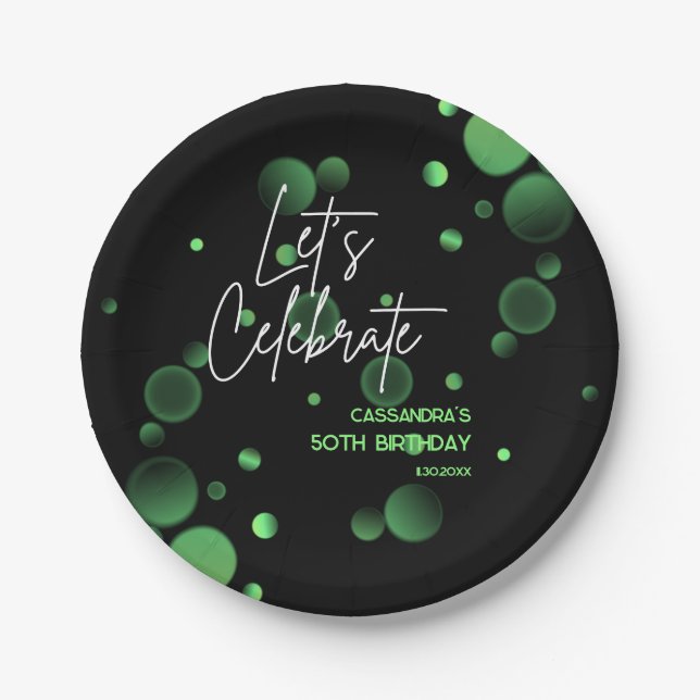 Let's Celebrate Green Bokeh Gradient Birthday Paper Plates (Front)