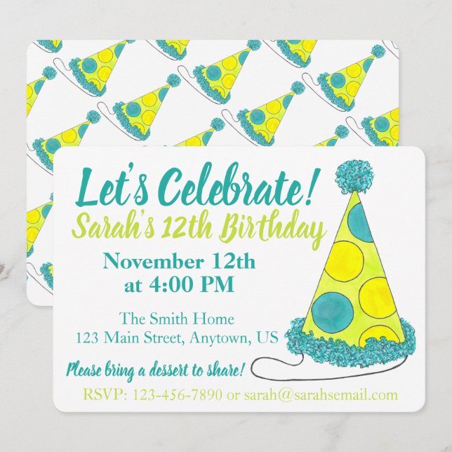 Let's Celebrate Green Polka Dot Party Hat Birthday Invitation (Front/Back)