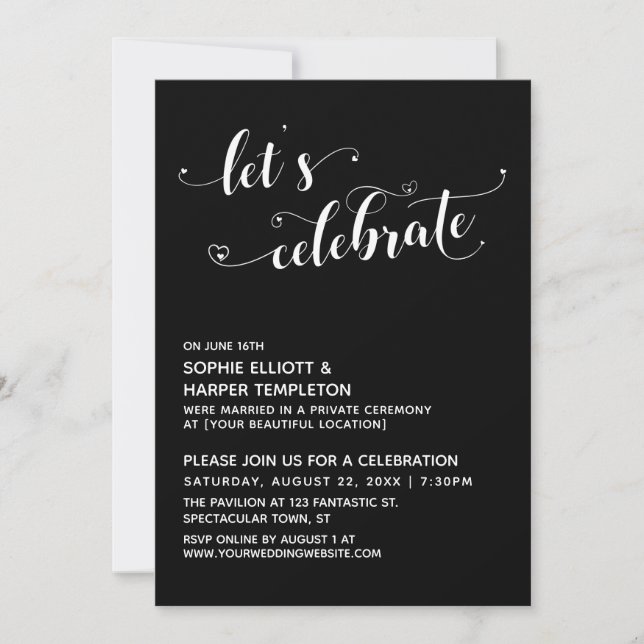 Let's Celebrate Hearts Script Black Reception Invitation (Front)