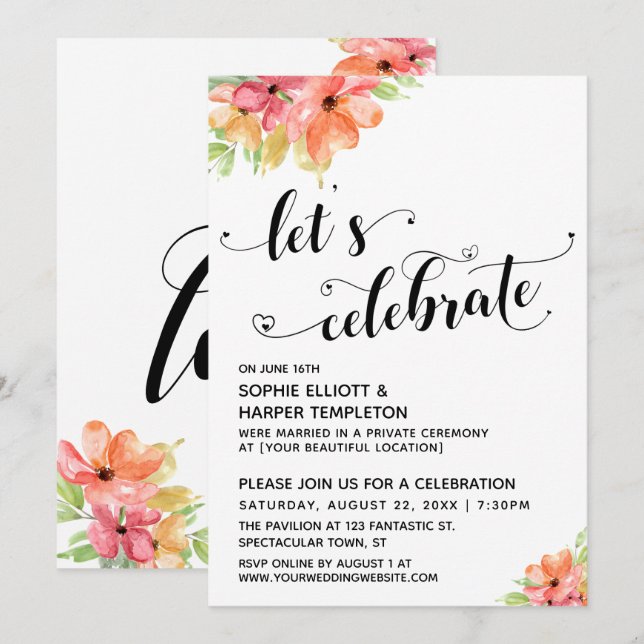 Let's Celebrate Hearts Script Florals Reception Invitation (Front/Back)