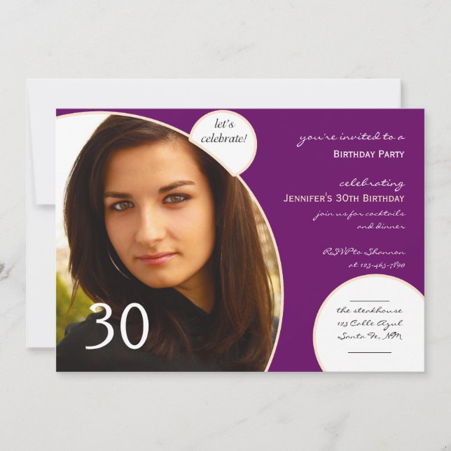 Lets Celebrate in Champagne Purple Photo Birthday Invitation (Front)