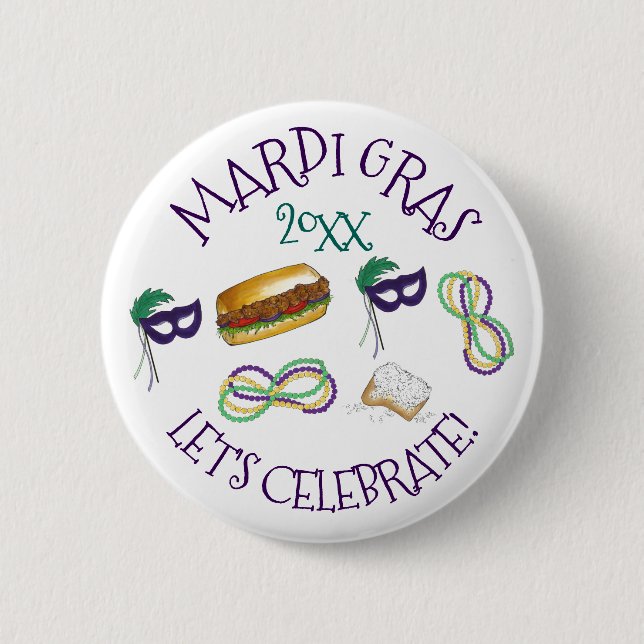 Let's Celebrate Mardi Gras Beignet Beads NOLA Button (Front)