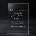Let's Celebrate Minimalist Script 30th Birthday Acrylic Invitations<br><div class="desc">Celebrate in style with the Let's Celebrate Minimalist Script 30th Birthday Acrylic Invitations. Featuring a sleek, modern design with elegant script typography, this transparent acrylic invitation exudes sophistication. The minimalist aesthetic makes it perfect for upscale birthday celebrations, blending effortlessly with any party theme. Fully customizable, this invitation is a timeless...</div>