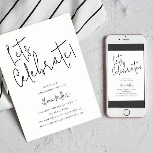 Lets Celebrate Minimalist Script Blue Birthday Invitation