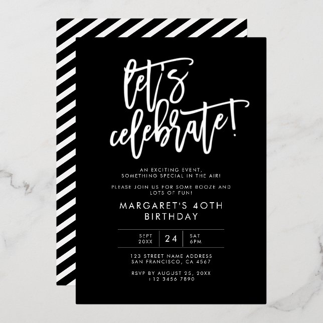 Let's Celebrate Modern Black Silver Birthday Foil Invitation (Front/Back)