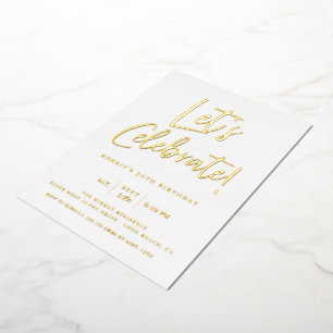 Let's Celebrate Modern Blue Script Birthday Foil Invitation