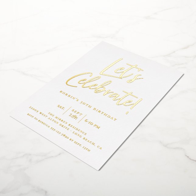 Let's Celebrate Modern Blue Script Birthday Foil Invitation (Rotated)