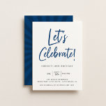 Let's Celebrate Modern Blue Script Birthday Invitation<br><div class="desc">Modern script Let's Celebrate!,  birthday invitation. Navy blue and black typography design style template. Back of card features cool retro sunburst pattern in coordinating blue colors.</div>
