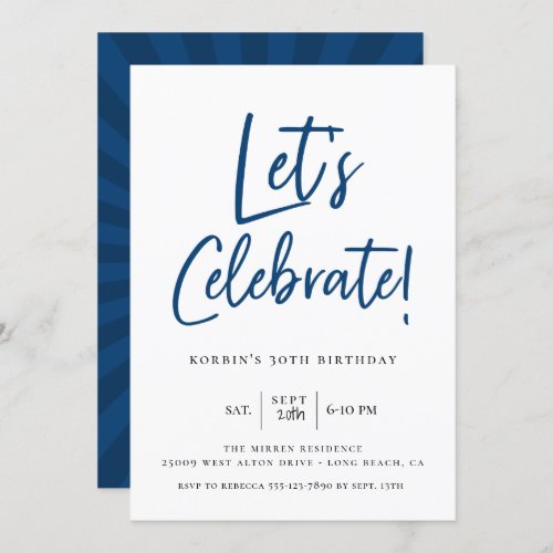 Lets Celebrate Modern Blue Script Birthday Invitation