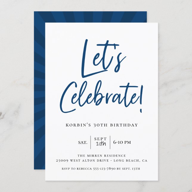 Let's Celebrate Modern Blue Script Birthday Invitation (Front/Back)