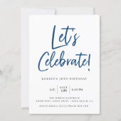 Let's Celebrate Modern Blue Script Birthday Invitation (Front)