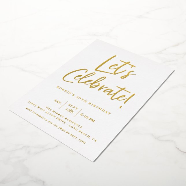 Let's Celebrate Modern Foil Script Birthday Invitation (Rotated)