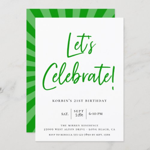 Lets Celebrate Modern Green Script Birthday Invitation