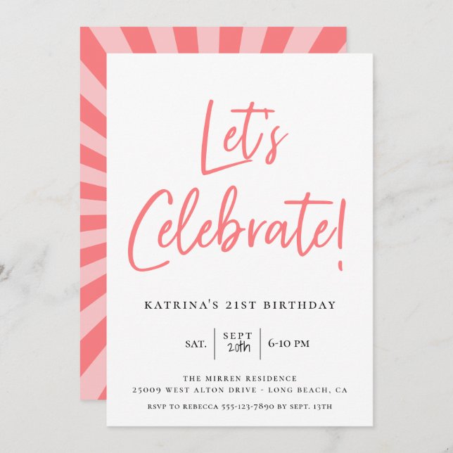 Let's Celebrate Modern Pink Script Birthday Invitation (Front/Back)
