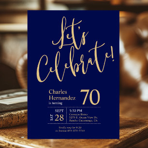 Let's Celebrate Navy Blue Gold Photo 70th Birthday Invitation