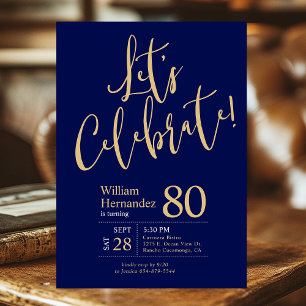 Let's Celebrate Navy Blue Gold Photo 80th Birthday Invitation