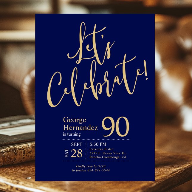Let's Celebrate Navy Blue Gold Photo 90th Birthday Invitation (Creator Uploaded)