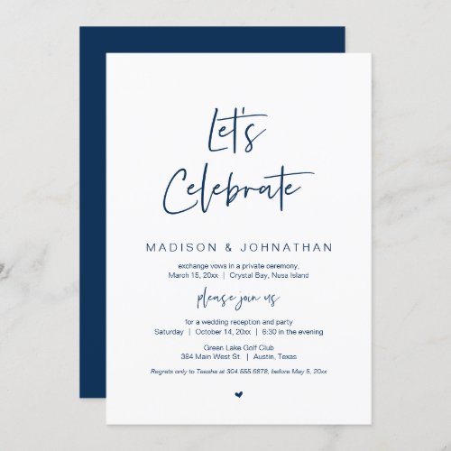 Lets celebrate Navy Blue Wedding Elopement Party Invitation