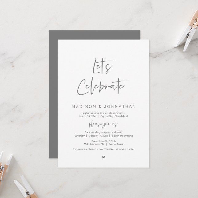 Lets celebrate, Navy Blue, Wedding Elopement Party Invitation (Front/Back In Situ)