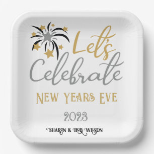 Let's Celebrate New Years Eve Black Gold Silver Paper Plates