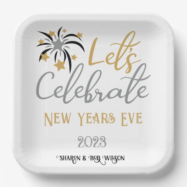 Let's Celebrate New Years Eve Black Gold Silver    Paper Plates (Front)