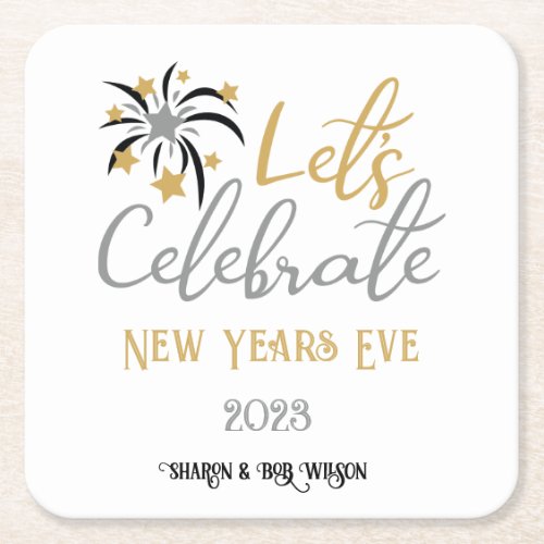 Lets Celebrate New Years Eve Black Gold Silver    Square Paper Coaster