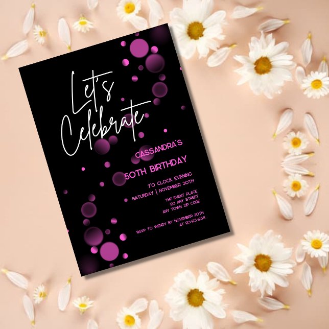 Let's Celebrate Pink Bokeh Gradient Black Birthday Invitation (Creator Uploaded)