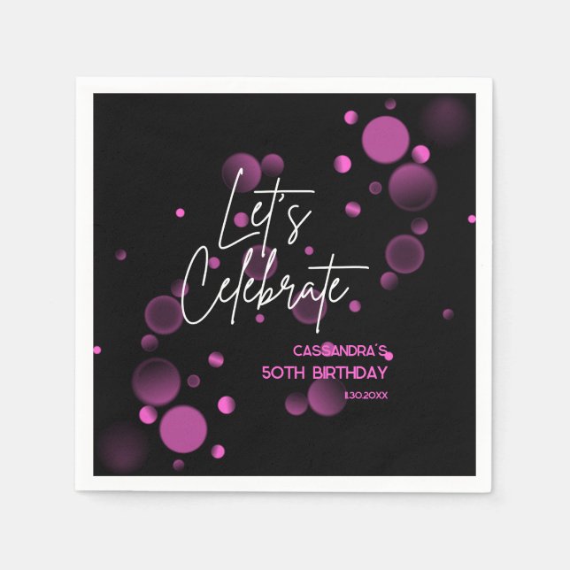 Let's Celebrate Pink Bokeh Gradient Black Birthday Napkins (Front)