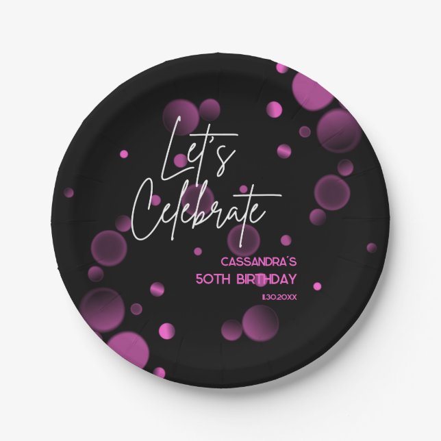 Let's Celebrate Pink Bokeh Gradient Black Birthday Paper Plates (Front)