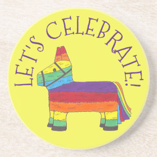 Let's Celebrate Rainbow Fiesta Donkey Pinata Party Sandstone Coaster