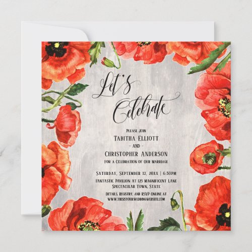 Lets Celebrate Red Poppies on Pale Wood Reception Invitation