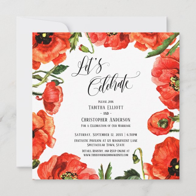 Let's Celebrate Red Poppies Wreath Reception Invitation (Front)