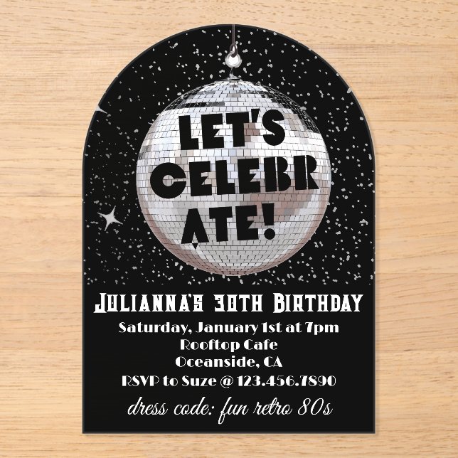 Let's Celebrate Retro 80s Birthday  Acrylic Invitations (Front)