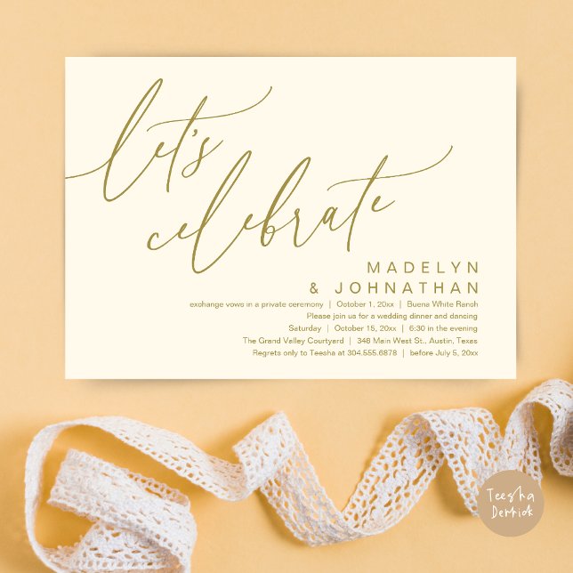 Let's Celebrate, Romantic Wedding Elopement Party Invitation (Let's Celebrate, Romantic Charm Wedding Elopement Dinner Party Brunch Invites Card PDF Yellow Gold)