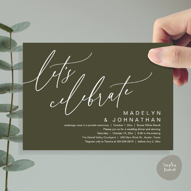 Let's Celebrate, Romantic Wedding Elopement Party Invitation (Let's Celebrate, Romantic Charm Wedding Elopement Dinner Party Brunch Invites Card PDF Olive Green)