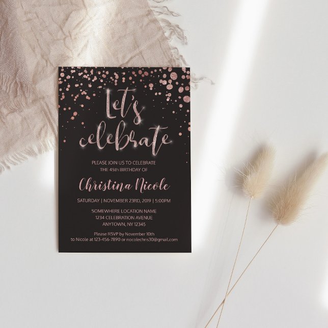 "Let's celebrate" Rose Gold & Gray Glitter Trendy Invitation (Creator Uploaded)