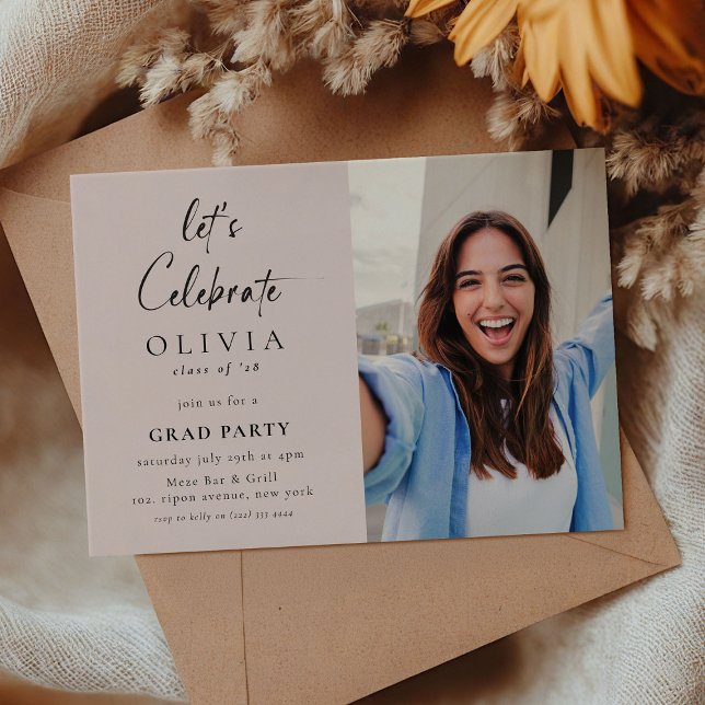 Let's Celebrate! Script Photo Grad Party Pink Invitation (Creator Uploaded)