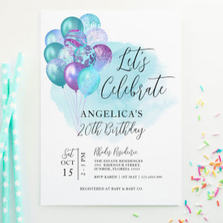 Let's Celebrate Teal Purple Balloons Birthday Invitation