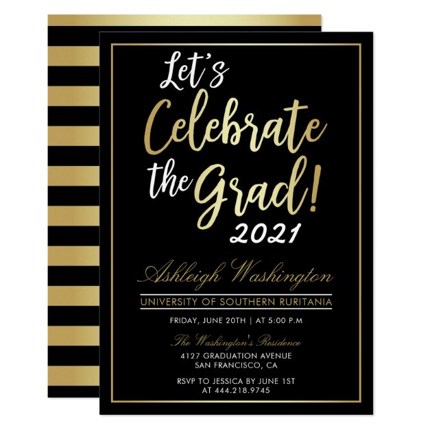 Let's Celebrate The Grad! | Gold Black Graduation Invitation