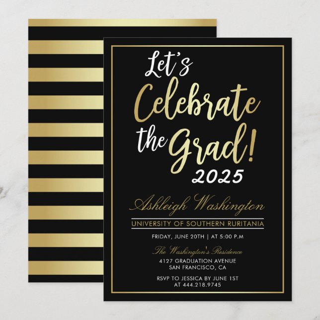 Let's Celebrate The Grad! | Gold Black Graduation Invitation (Front/Back)
