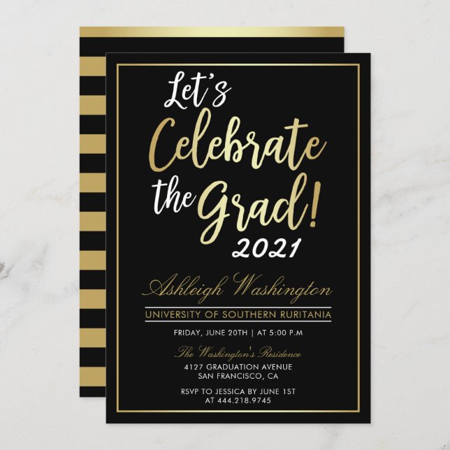 Let's Celebrate The Grad! | Gold Black Graduation Invitation (Front/Back)