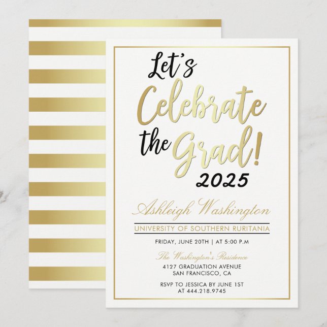 Let's Celebrate The Grad! | Gold White Graduation Invitation (Front/Back)